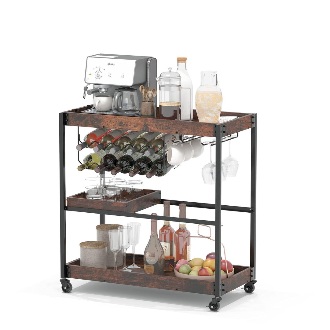 Sykit Bar Cart,3-Tier Coffee Bar on Wheels with 10-Bottle Wine Rack and Glass Holder and Removable Tray,Industrial Serving Cart for The Living Room, Kitchen (Rustic Brown)