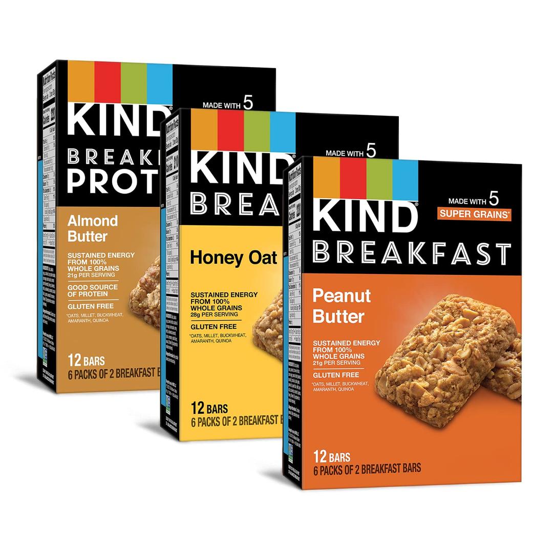 KIND Breakfast Bars, Variety Pack, Honey Oat, Almond Butter, Peanut Butter, Healthy Snacks, Gluten Free, 18 Count