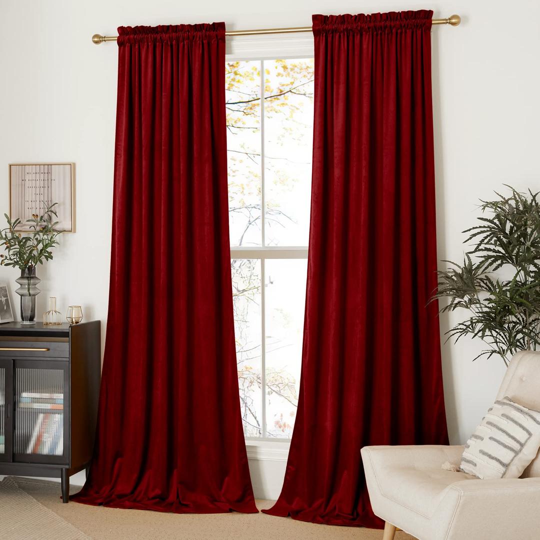 NICETOWN Christmas Red Velvet Textured Curtains/Draperies, Home Decoration Panels with Rod Pocket Design for Hall, Villa (1 Pair, 96 inches Long)