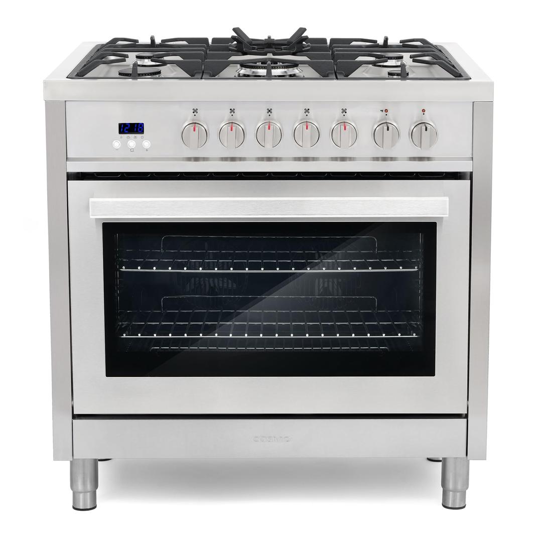 COSMO F965 36 in. 220/240V Dual Fuel Range with 5 Gas Burners, Electric Convection Oven with 3.8 cu. ft. Capacity, 8 Functions, Black Porcelain Interior in Stainless Steel