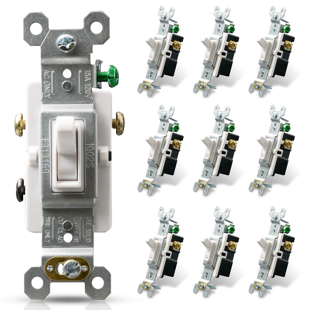 ELEGRP 3 Way Toggle Light Switch, 15 Amp, 120 V, Toggle Framed AC Quiet Switch, in Wall On/Off Switch Replacement, Self-Grounding, Residential and Commercial Grade, UL Listed (10 Pack, Glossy White)