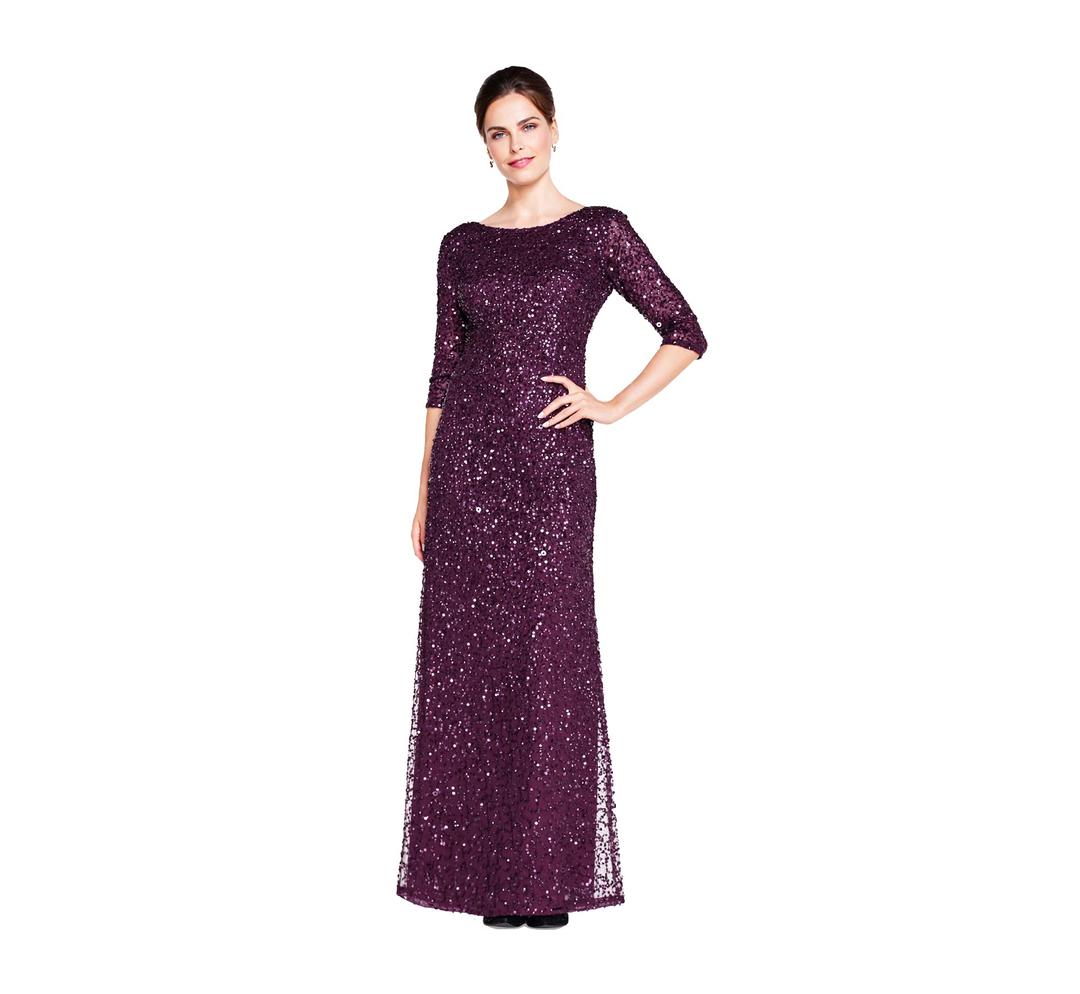 Adrianna Papell Women's 3/4 Sleeve Scoop Back Beaded Gown