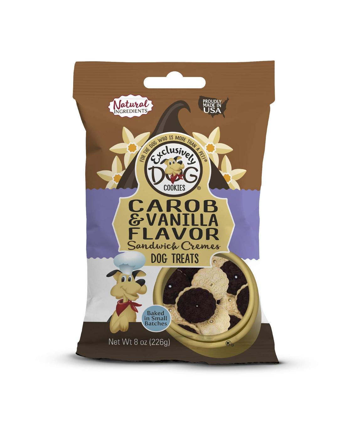 Exclusively Dog Cookies Sandwich Cremes Carob and Vanilla Flavor Dog Treats for Medium and Large Dogs, Natural and Made in The USA, 8 oz