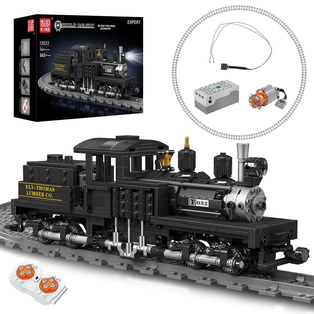 Mould King Shay-Type Steam Locomotive Building Set with LED Lighting, Remote/App Control Model Train Block Kit with Tracks, Engineering Toy Kit for Adults (880 PCS)