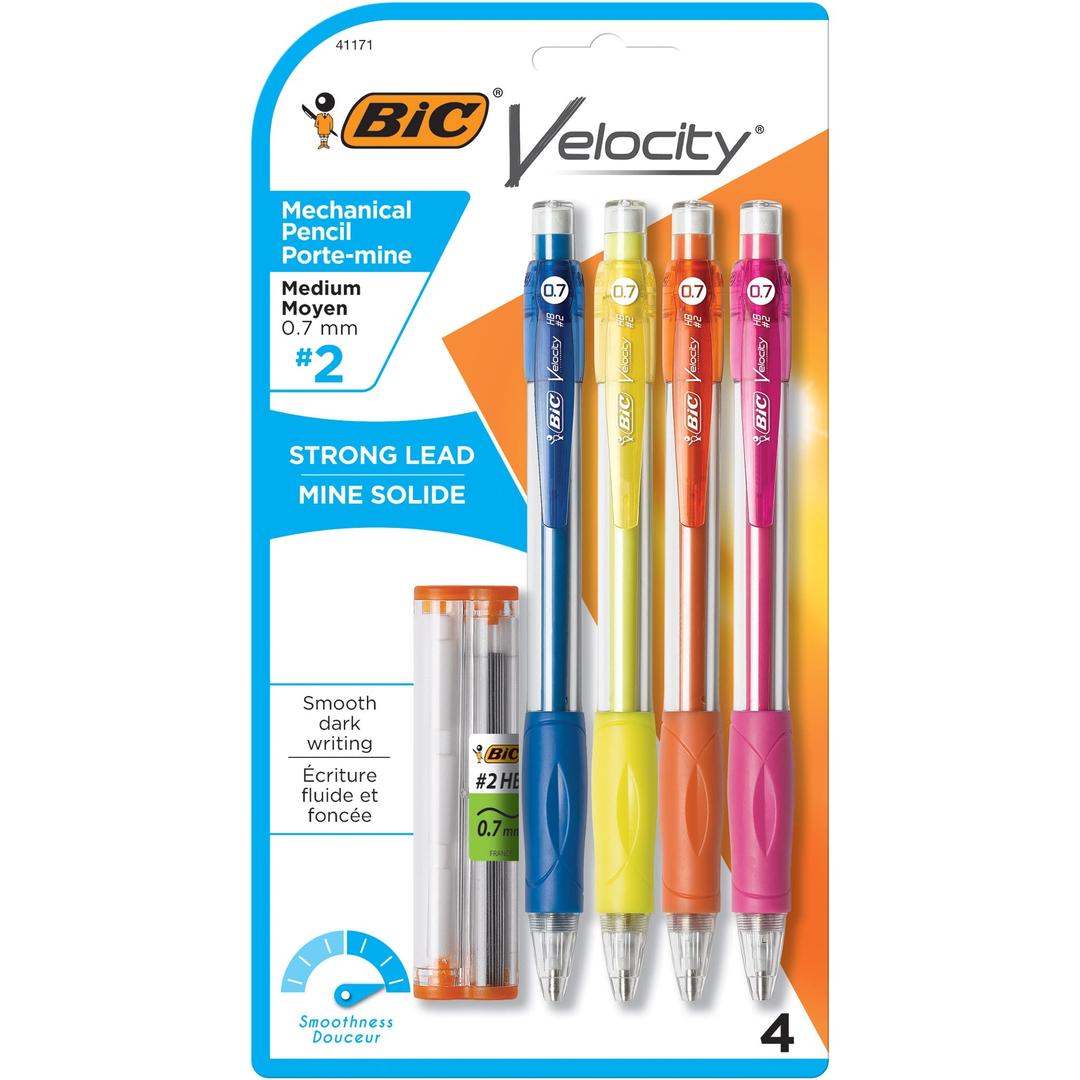 BIC Velocity Mechanical Pencils, With Colorful Barrel, Medium Point (0.7mm), 4-Count Pack Mechanical Pencils With Eraser and Lead Refills