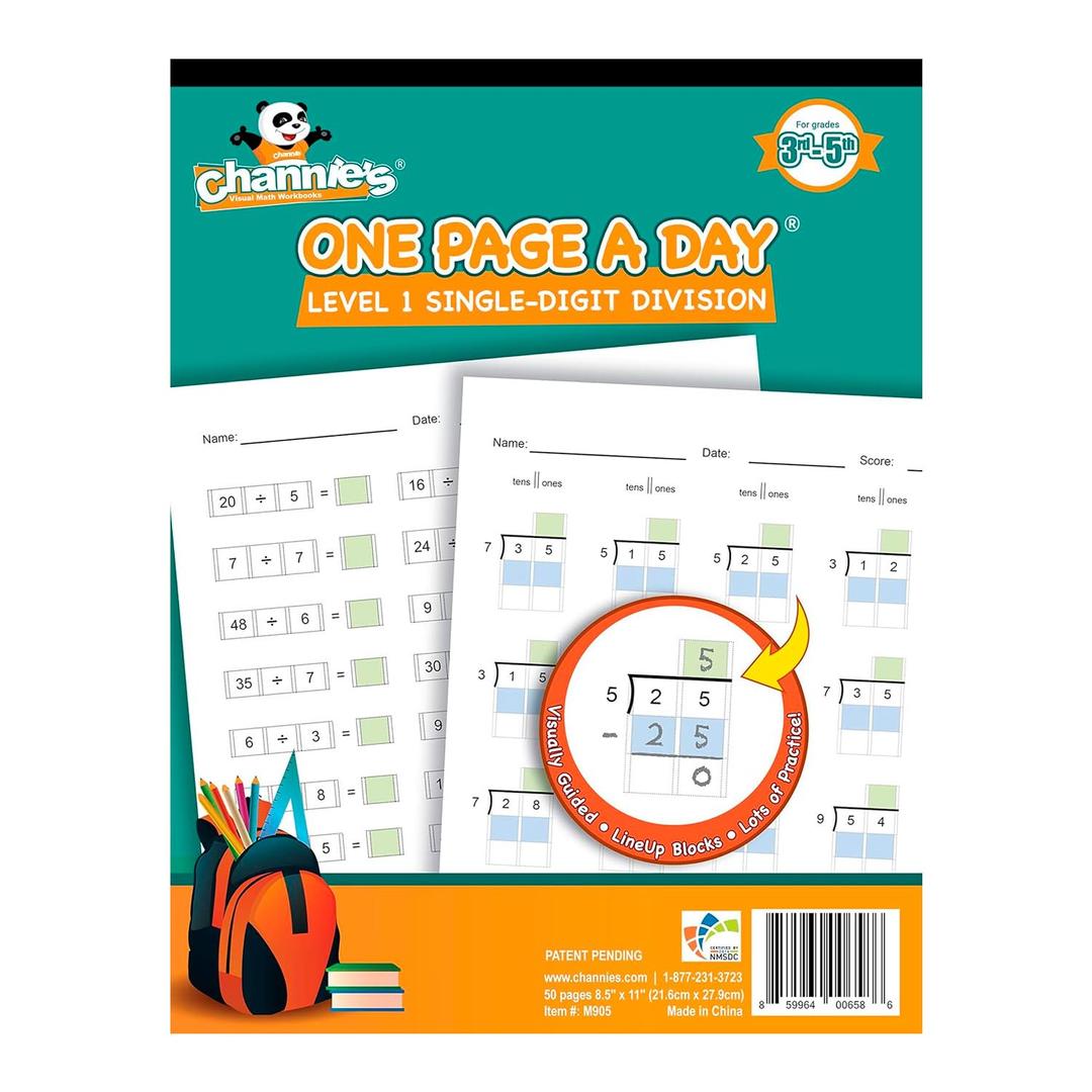 Channie’s One Page A Day Single Digit Level 1 Beginner Visual Division Workbooks for Easy Teaching & Learning Grade 3-5 Size 8.5” x 11” Summer School, Summer Bridge