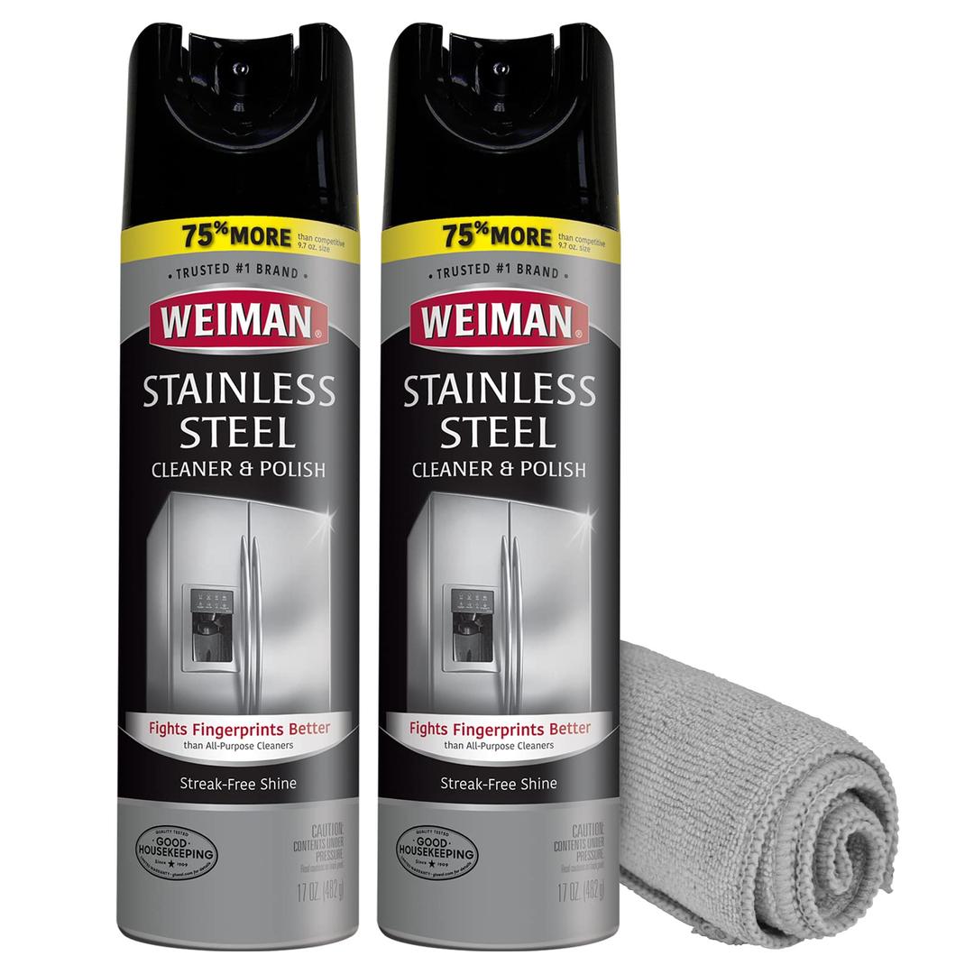 Weiman Stainless Steel Cleaner & Polish Streak-Free Shine - For Refrigerators, Oven, Dishwasher, Stove - 2 Pack Aerosol Spray with Microfiber Cloth Included