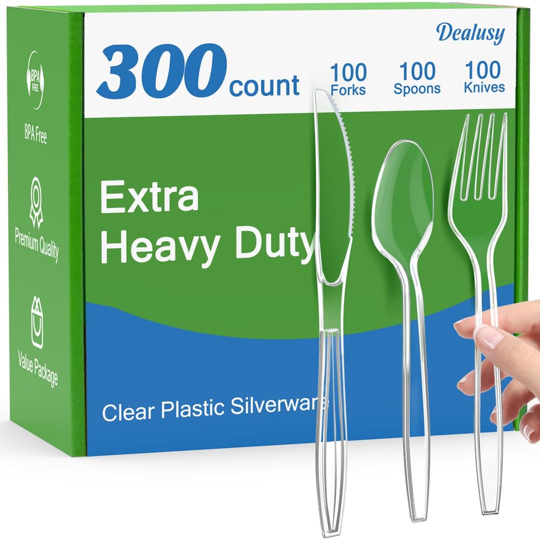 300 Count Extra Heavy Duty Clear Plastic Silverware, 100 Forks, 100 Spoons, 100 Knives, BPA-Free, Heat Resistant, Disposable Plastic Utensils Set, Plastic Cutlery Set, Plasticware Bulk