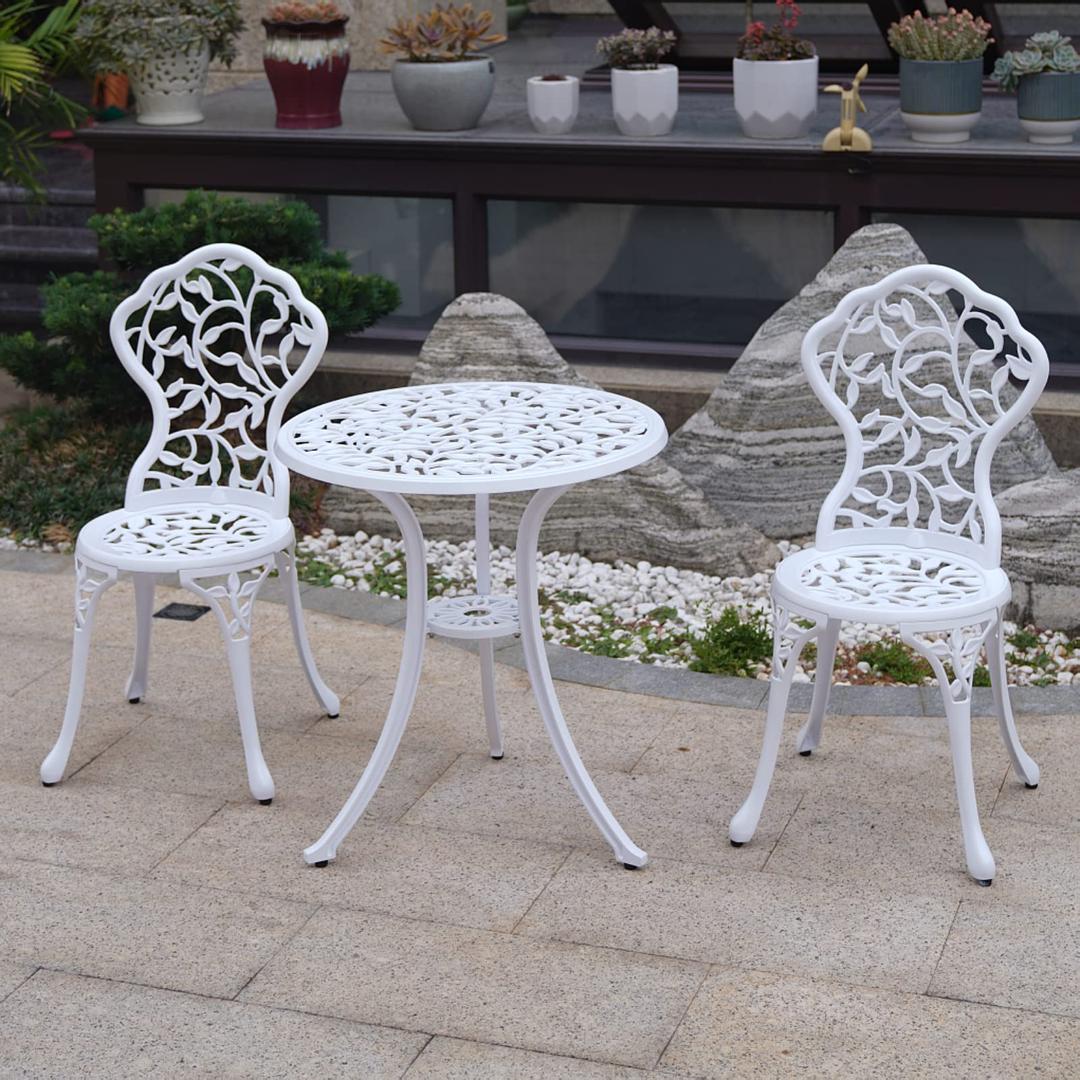 KAI LIPatio Bistro Sets 3 Piece cast Aluminum Patio Furniture Outdoor Garden Metal Rust Proof Tables and Chairs White bisrto Set (Leaf-White)