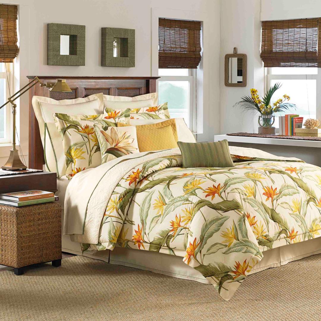 Tommy BahamaComforter Set Reversible Cotton Bedding with Matching Shams & Bedskirt, All Season Home Décor (Birds of Paradise Off-White/Green/Yellow, Queen)