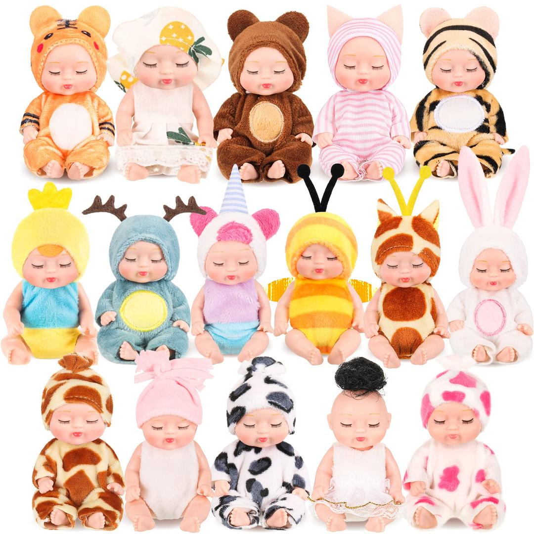 16 Pcs 4 Inch Mini Reborn Baby Dolls Realistic Baby Doll Lifelike Tiny Babies with Animal Clothes Cute Baby Doll Gifts Set for Teens Girls Boys Toddlers Kids 3+ Birthday Gifts Big Fillers