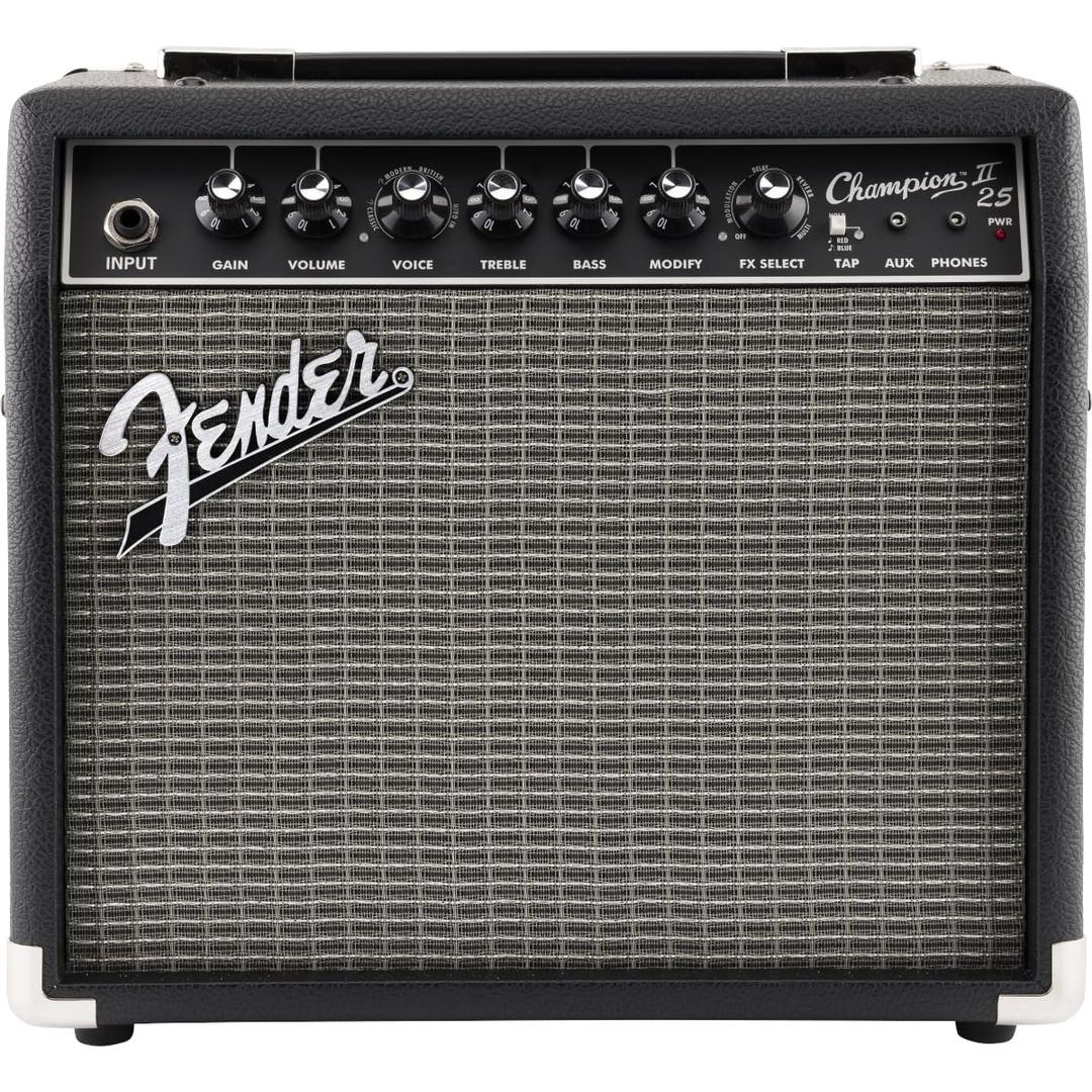 FenderChampion II 25, Combo Guitar Amp, 25W, Suitable For Electric Guitar, More Power, Upgraded Effects and Amp Models, Black/Silver