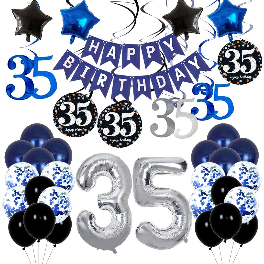 35th Birthday Decorations for Men Women - Happy 35th Birthday Party Decorations Blue Birthday Party Supplies with HAPPY BIRTHDAY Banner-35 Years Old Party Decorations Kit 35th Bday Decorations for Men