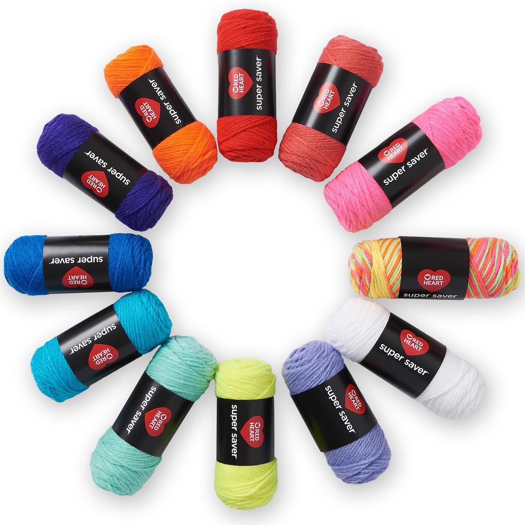 Red HeartSuper Saver Yarn Super Craft Kit Brights, with 12 Pack of 50g/1.7 oz. 4 Medium Worsted Yarn for Knitting & Crocheting, 12 Colors, Perfect for Chunky Sweaters, Blankets, Amigurumi