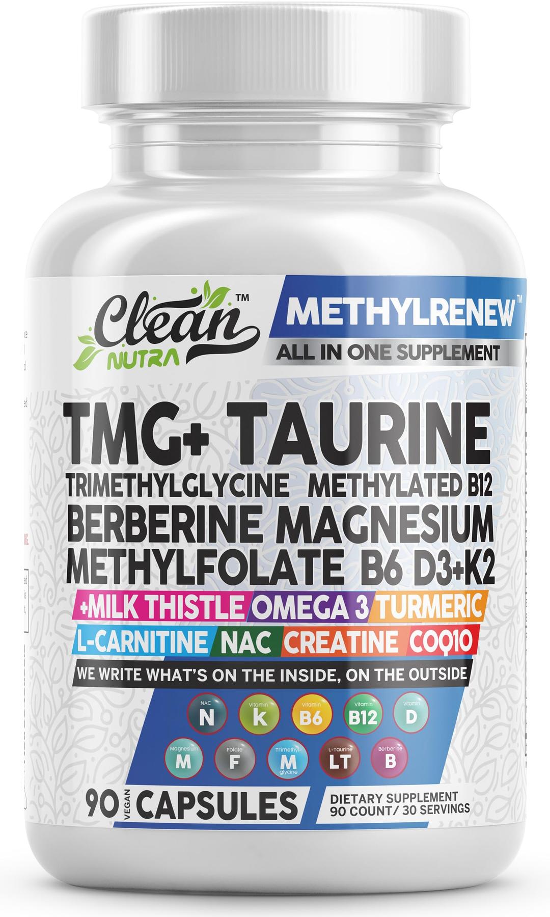 Clean Nutra TMG Taurine Supplement - Methylated Multivitamin with B6 Vitamins, B12, D3 K2, Berberine, Magnesium Methylfolate Milk Thistle Omega 3 Turmeric NAC L Carnitine Creatine COQ10 & More, 90 Ct