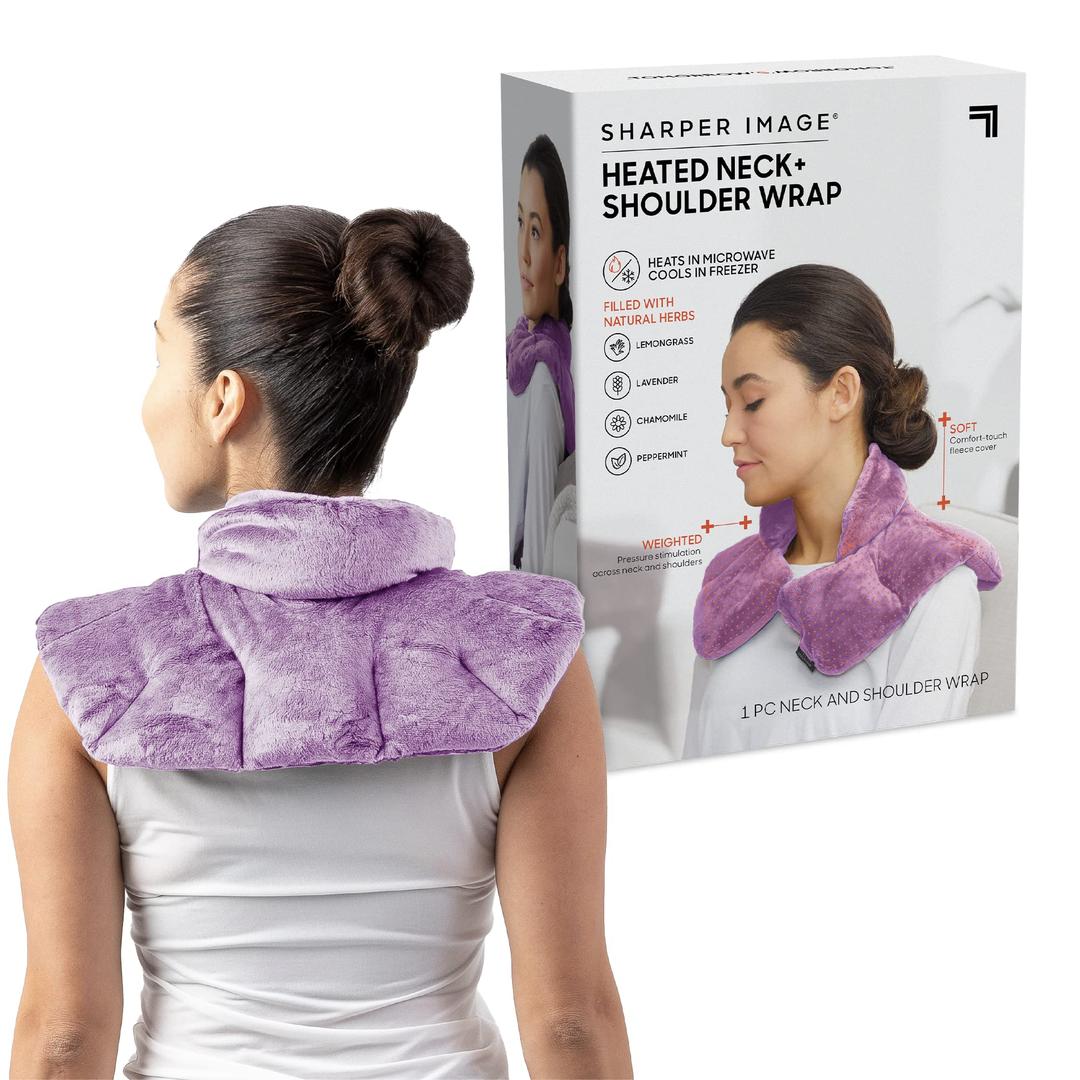 Sharper Image Heated Neck & Shoulder Wrap - Microwavable Warm & Cooling Plush Pad, Scented Aromatherapy (100% Natural Lavender & Herb Spa Blend), Pain Tension Headache Relief Therapy, Gift for Women