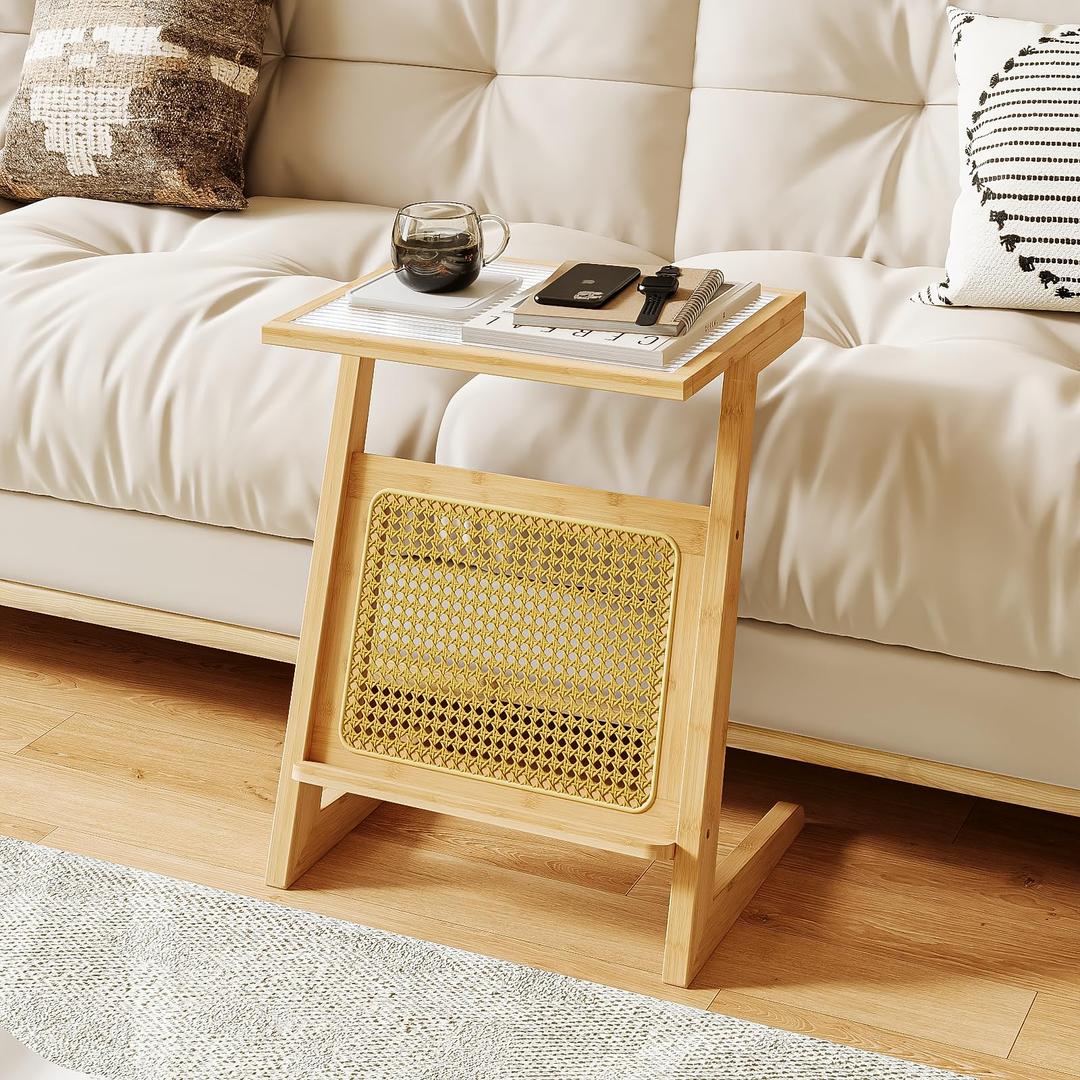 Bamworld Rattan Side Table Z Shape Mid Century Modern End Table Glass Bedside Table Small Boho Tables Bamboo Coffee Table with Storage for Living Room Bedroom Nature