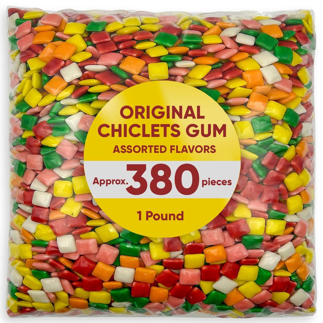 Chiclets Gum Original Assorted Flavors - 1 Pound Approx 380 Mastic Gum - Ideal for Bubble Machine - Bulk Candy for Candy Machine, Juicy Fruit Gum - Christmas Candy, Chewing Gum Bulk - Assorted Candy