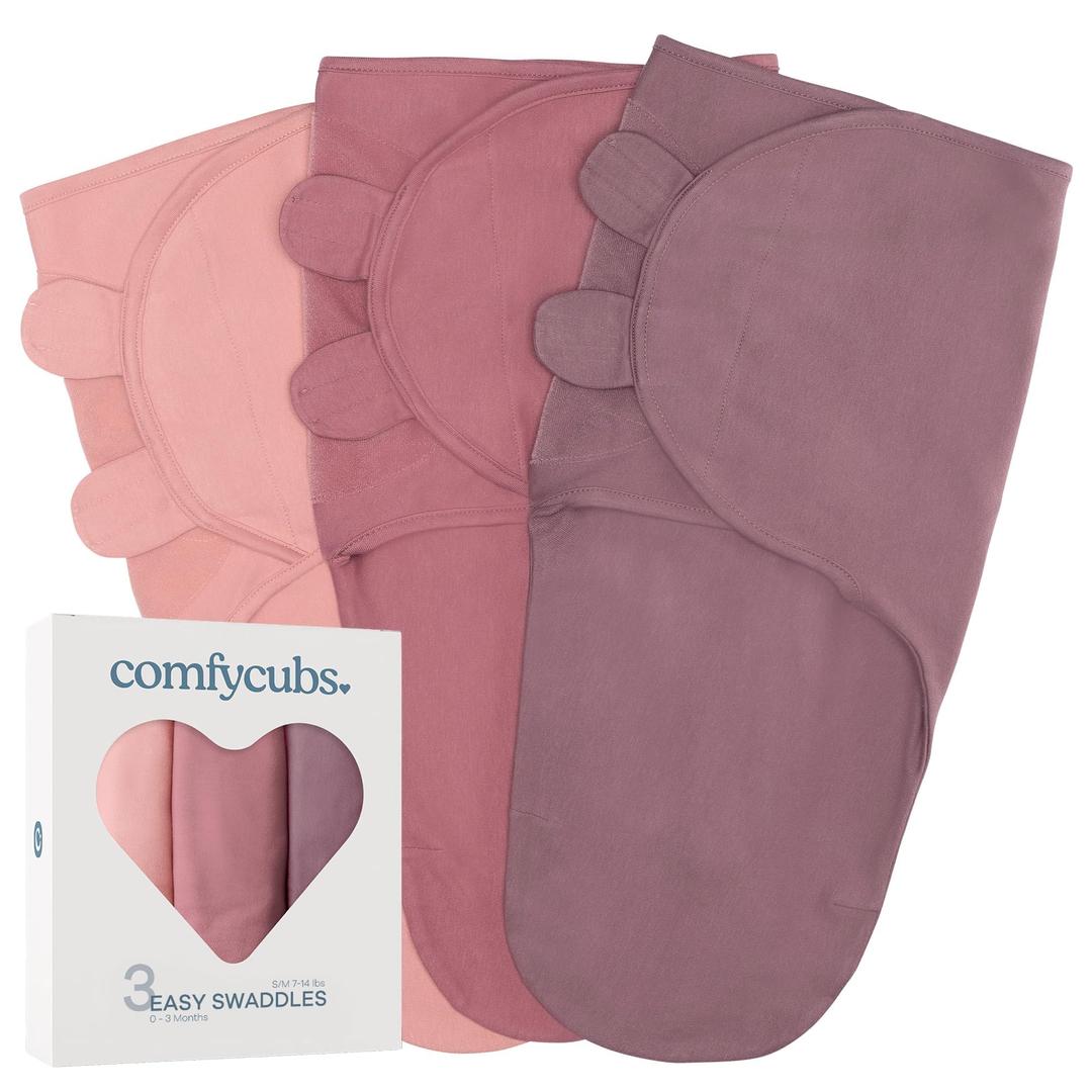 Comfy Cubs Baby Blanket, Swaddle Blanket 0-3 months, Newborn Essentials, Infant Sleep Sack Wrap, 100% Breathable Cotton, Baby Boy Girl, Adjustable 3 Pack (Blush, Mauve, Mulberry, Small-Medium)