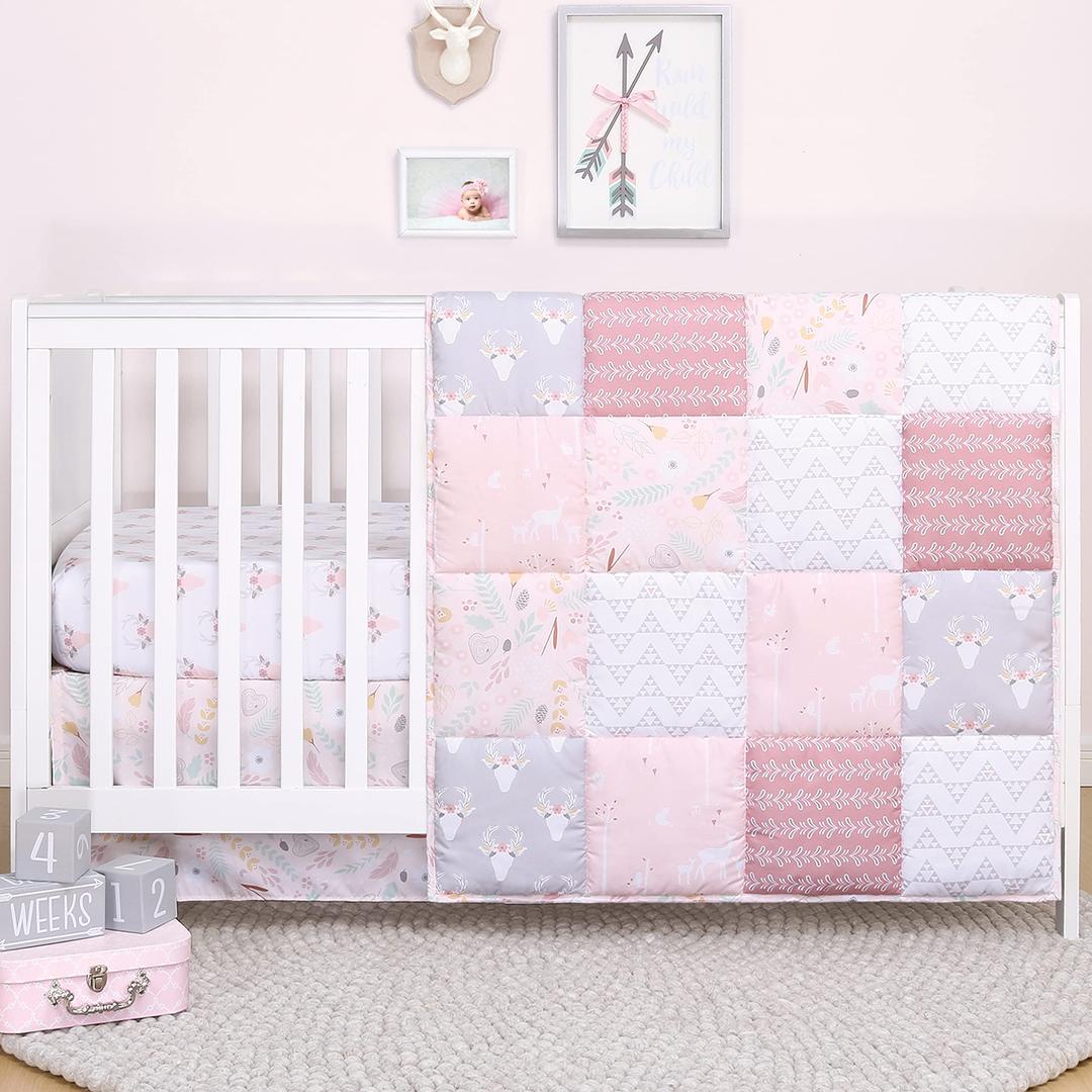 The Peanutshell Pink Woodland Floral Crib Bedding Set for Baby Girls - Crib Quilt, Fitted Sheet, Dust Ruffle Included