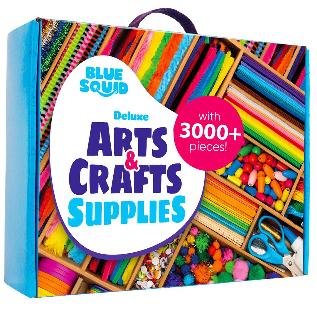 Blue Squid Arts & Crafts Chest - 3000+ pcs Deluxe Craft Supplies Box with 2 Drawers, 18 Compartments, Sturdy Handle - School Supply, Art Craft Kit for Kids, Girls, Boys Ages 4 5 6 7 8 9 10 11 12