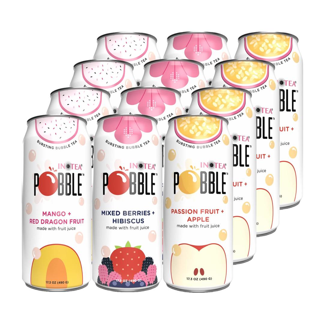 INOTEAPOBBLE BURSTING BUBBLE TEA (Pack of 12 Cans) includes SALTATION Thank You Card | Canned Iced Tea Made with Real Fruit Juice and Contains Popping Pearls (16.6oz/can) | 12 Can Bundle- Available Flavors: Assorted, Mango+Red Dragon Fruit, Mixed Berries+Hibiscus, Passion Fruit+Apple. (Assorted)