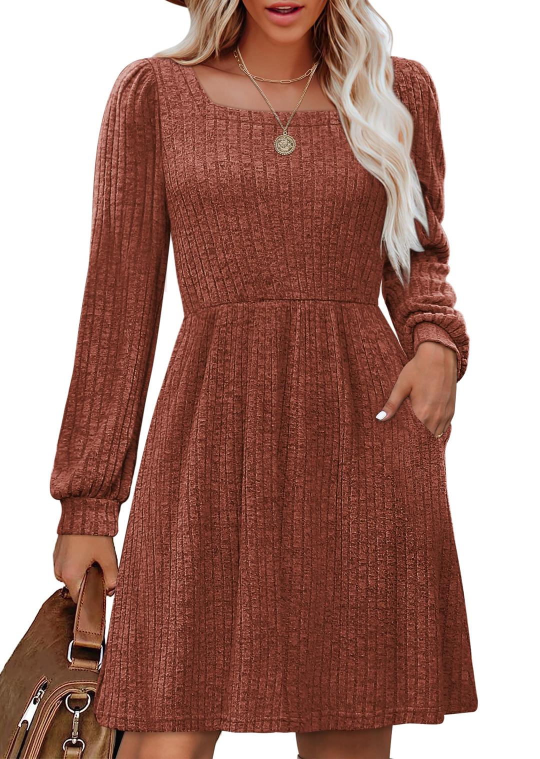 OFEEFANWomens Knit Sweater Dress with Pockets Square Neck Long Sleeve Dresses