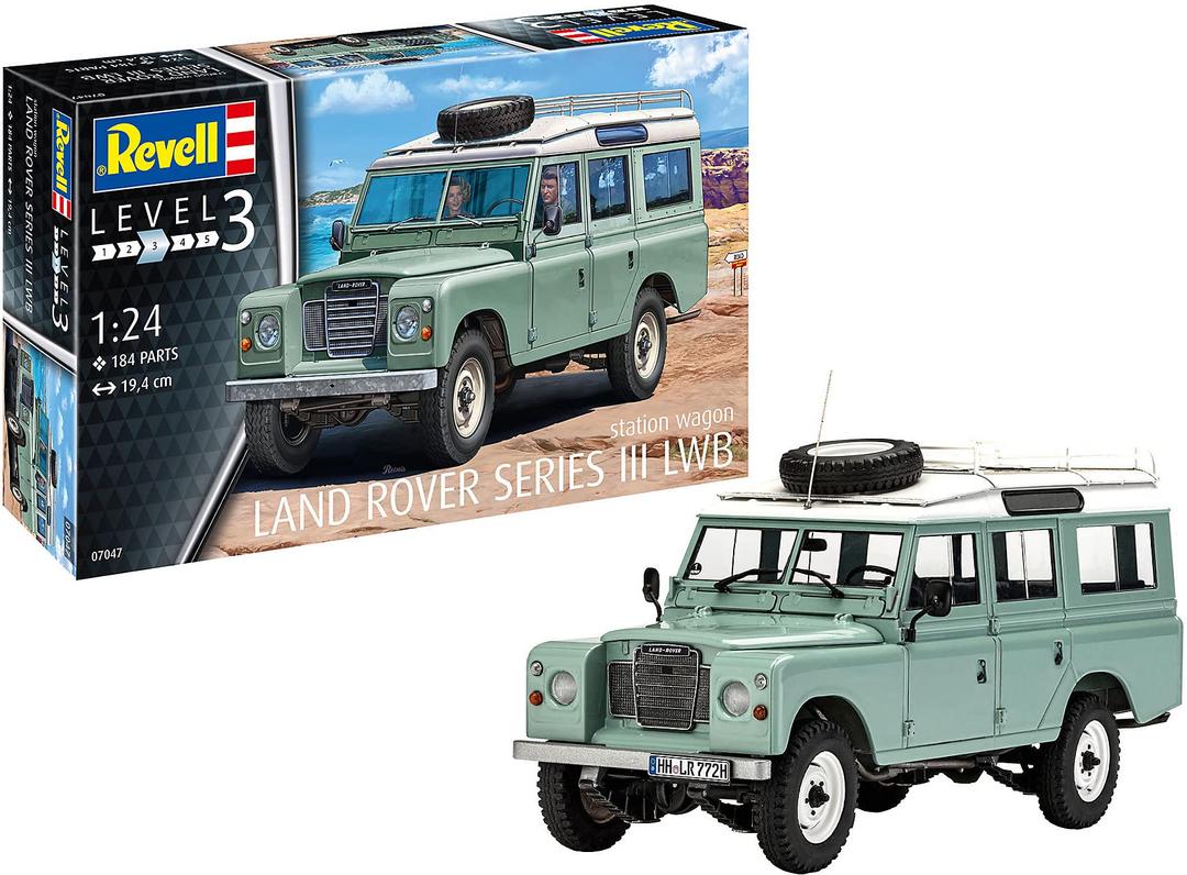 Revell Revell 07047 7047 Kultauto Land Rover Series III LWB Station Wagon zum Selberbauen, Automodellbausatz 1:24, 19,4 cm REV-07047, unlackiert, 44220