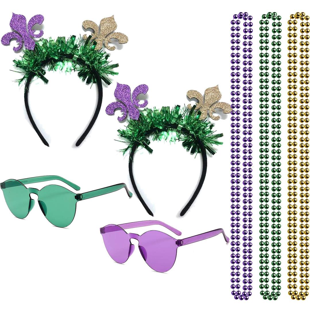 Mardi Gras Accessory Set 2 Pieces Mardi Gras Headbands and 6 Pieces Mardi Gras Beads Necklaces and 2 Pair Mardi Gras Glasses