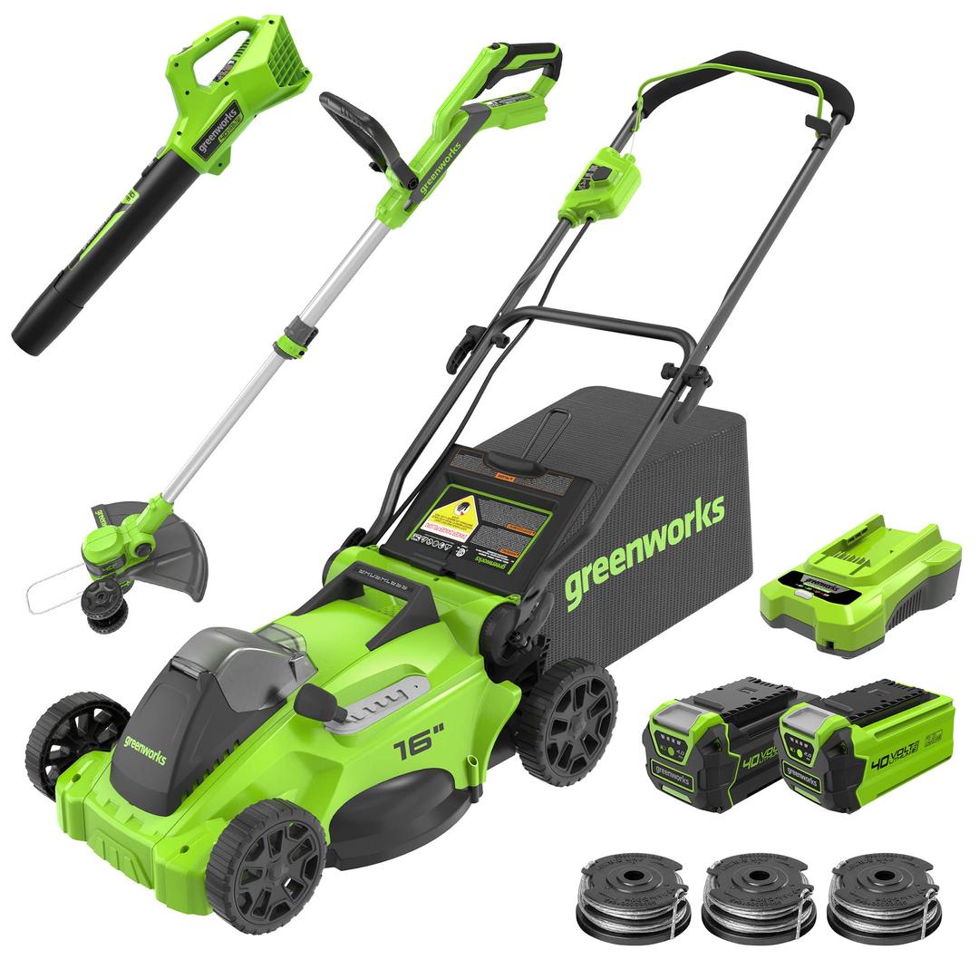 Greenworks 40V 16" Brushless Cordless (Push) Lawn Mower + Blower (350 CFM) + 13" String Trimmer (Bonus Spools), 4.0Ah + 2.0Ah Battery and Charger Included (75+ Compatible Tools)