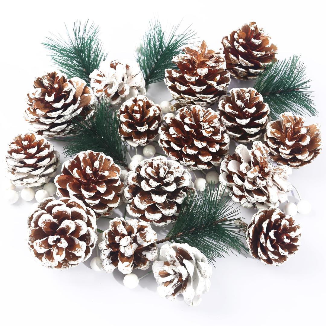 DomeStar 60PCS Pine Cones Set, Snow Pinecones Pine Twig Berries for Crafts Pine Cone Decorations for Xmas Tree Wreath DIY Crafting Winter Holidays