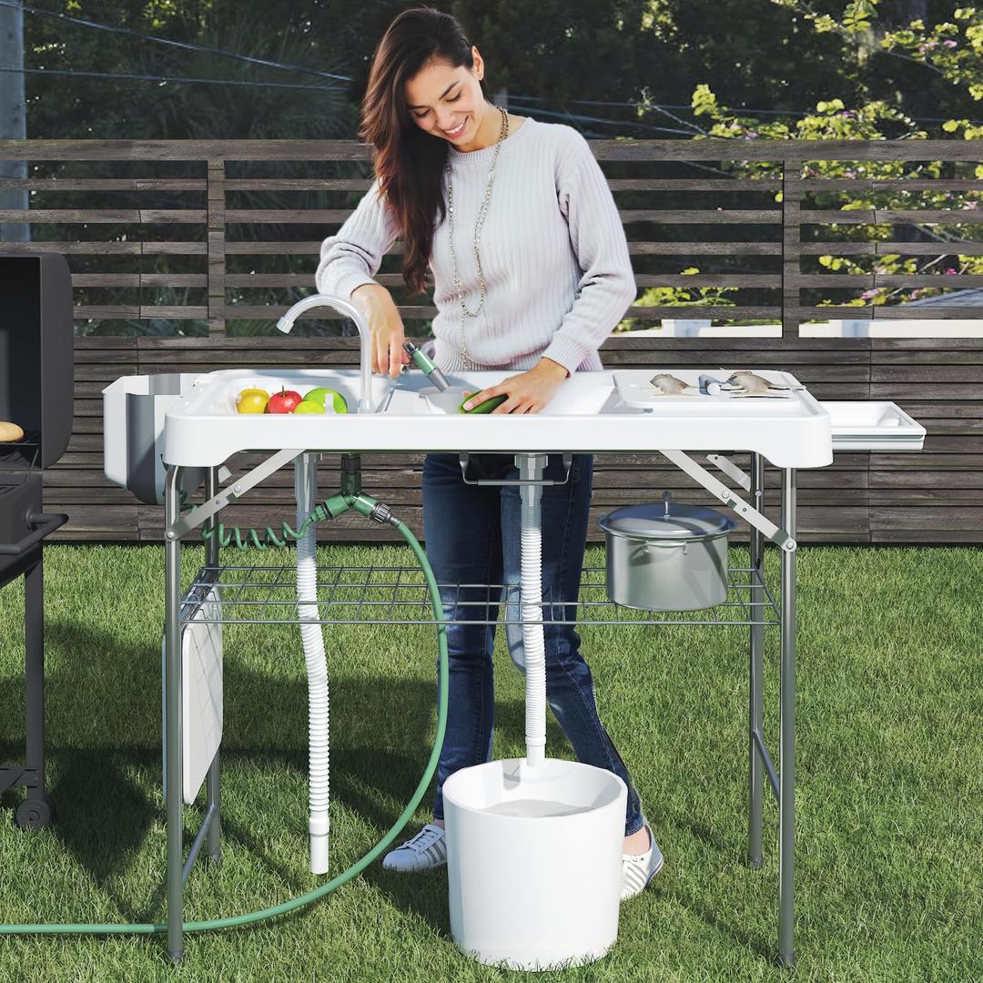 42.5" Fish Cleaning Table with Dual Sink, Portable Folding Camping Table with Faucet, Sprayer, Grid Rack, Hose Hook Up & Knife Groove, Outdoor Sink Station for Picnic Beach Patio