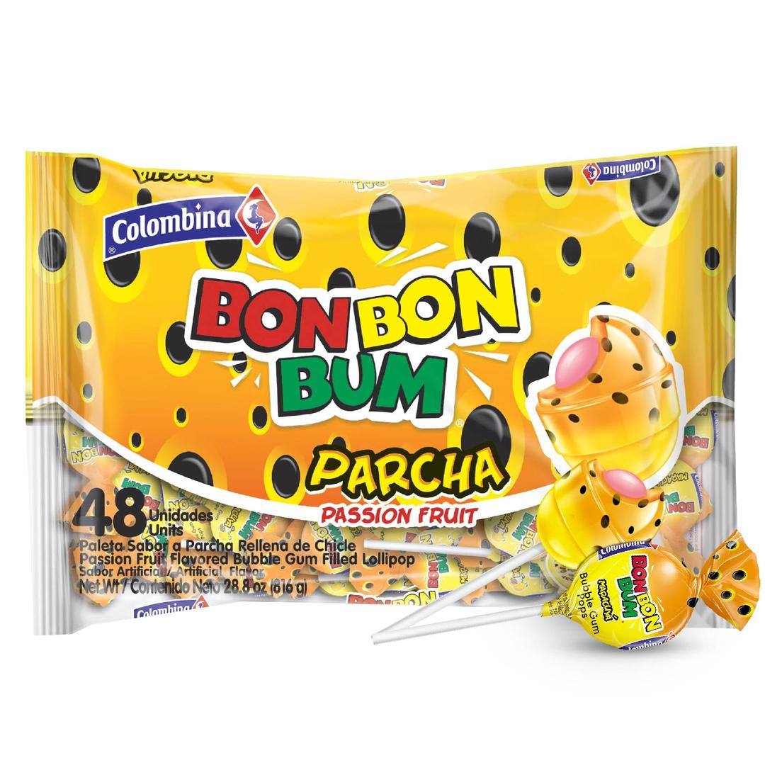 Colombina Bon Bon Bum Lollipops w/Bubble Gum Center, Passion Fruit Flavor, Individually Wrapped, Ideal for Party Favors and Gifts, 1 Pack (48 Count)