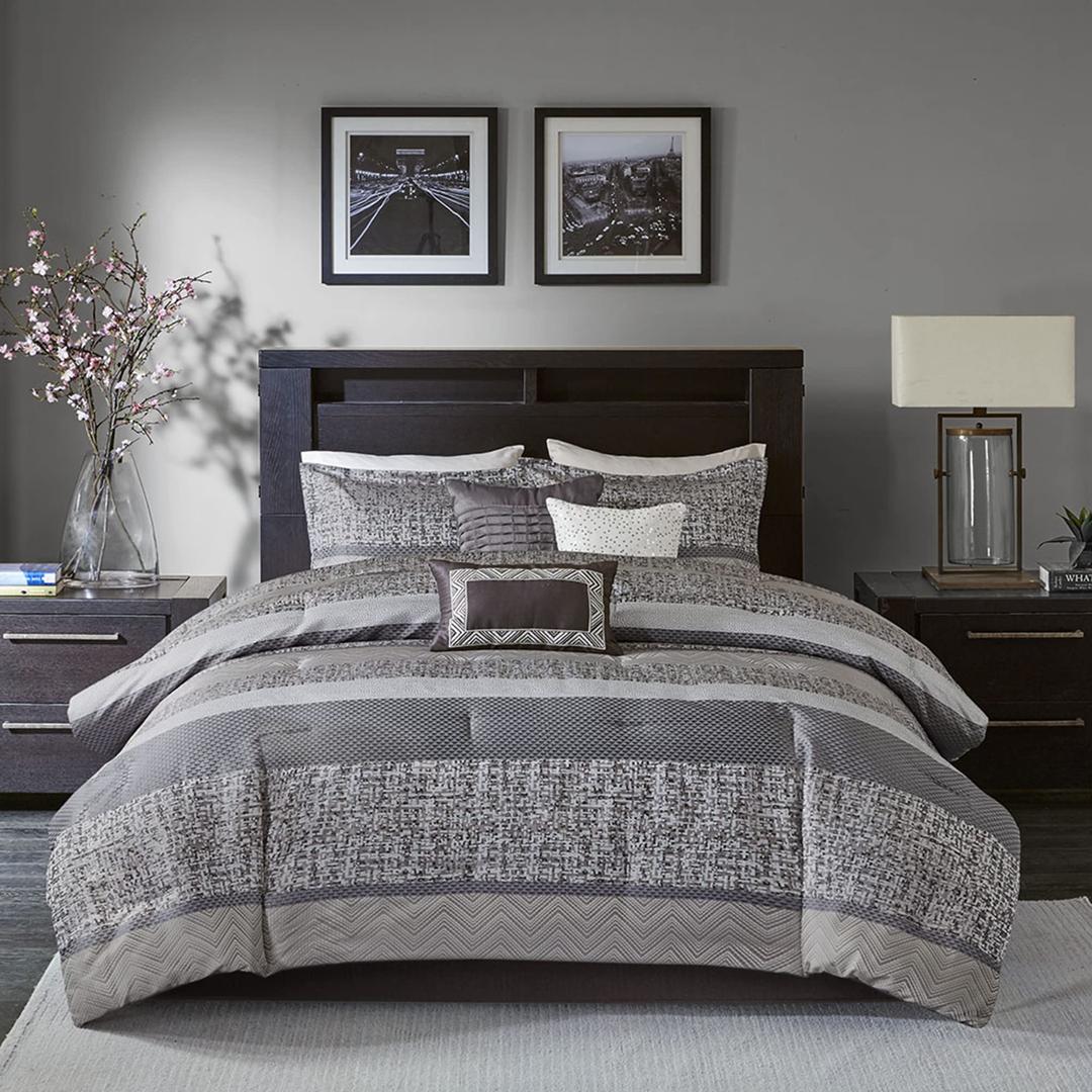 Madison ParkLuxury Comforter Set-Traditional Jacquard Design All Season Down Alternative Bedding, Matching Bedskirt, Decorative Pillows, King(104"x92"), Rhapsody, Striped Grey/Taupe 7 Piece