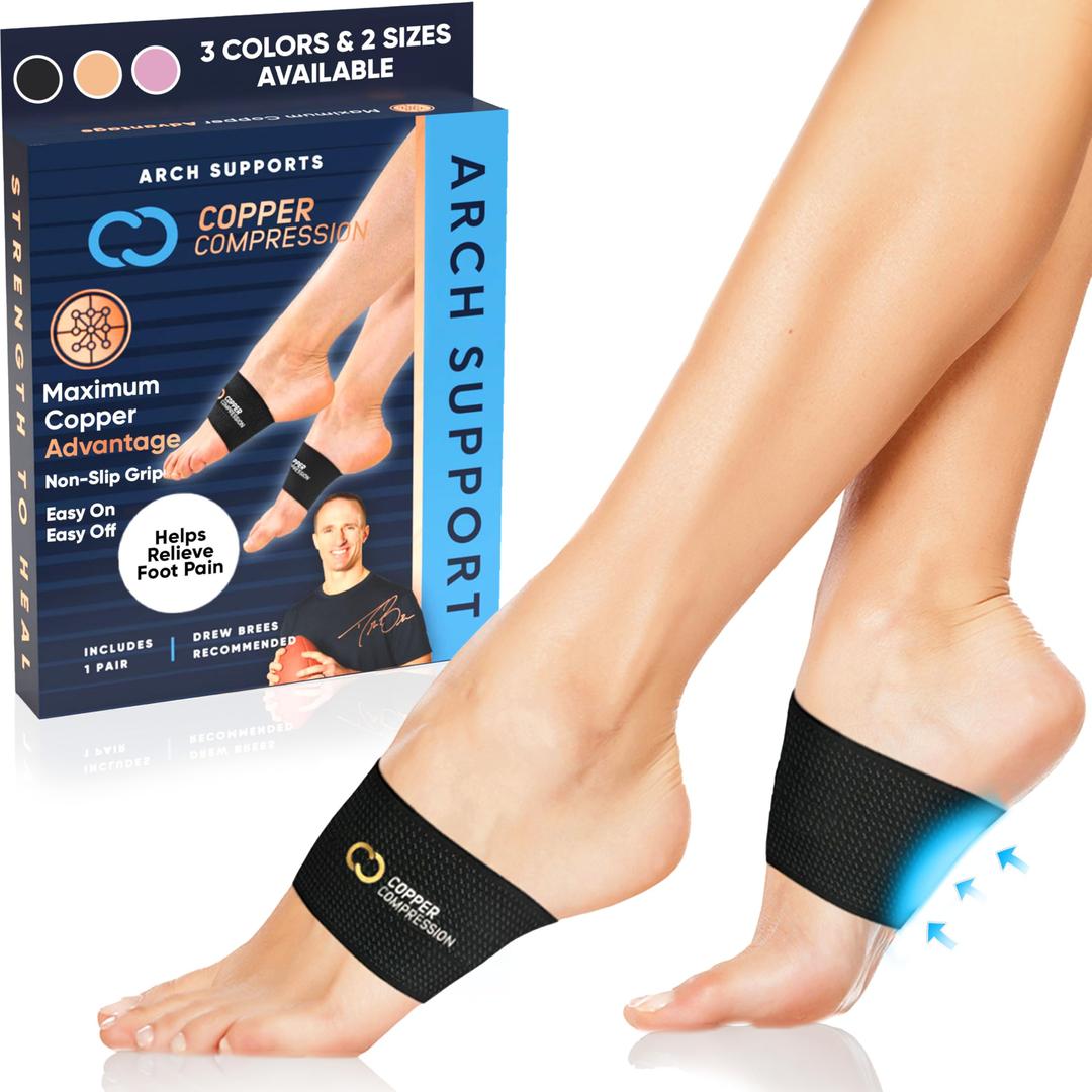 Copper Compression Copper Arch Support - 2 Plantar Fasciitis Braces/Sleeves. Foot Care, Heel Spurs, Feet Pain Relief, Flat & Fallen Arches, High Arch