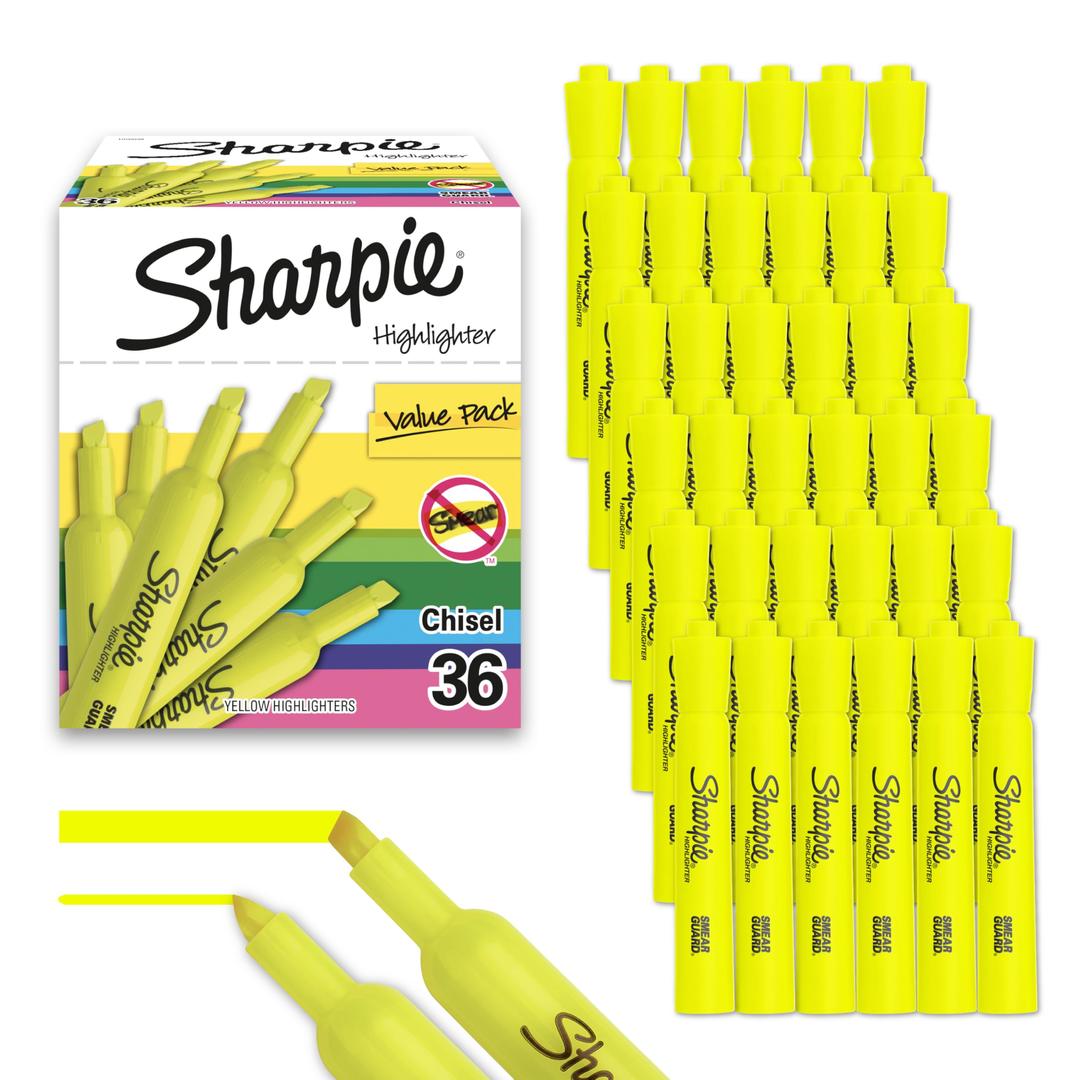 Sharpie Tank Style Highlighters, Chisel Tip, Fluorescent Yellow, 36 Count