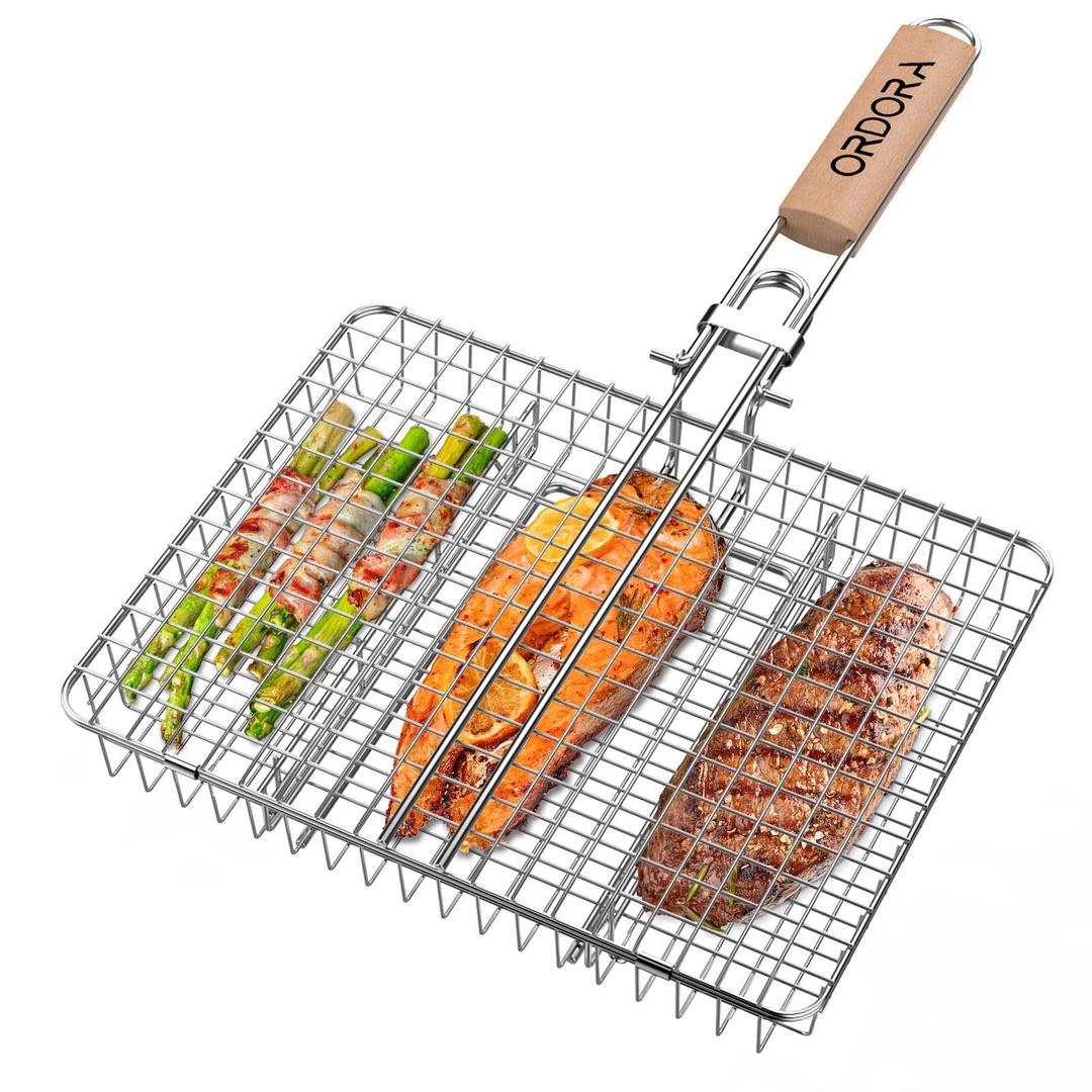 ORDORA Grill Basket, Fish Grill Basket, Rustproof Stainless Steel BBQ Grilling Basket for Meat,Steak etc, Grill Accessories,Grilling Gifts for Men Dad