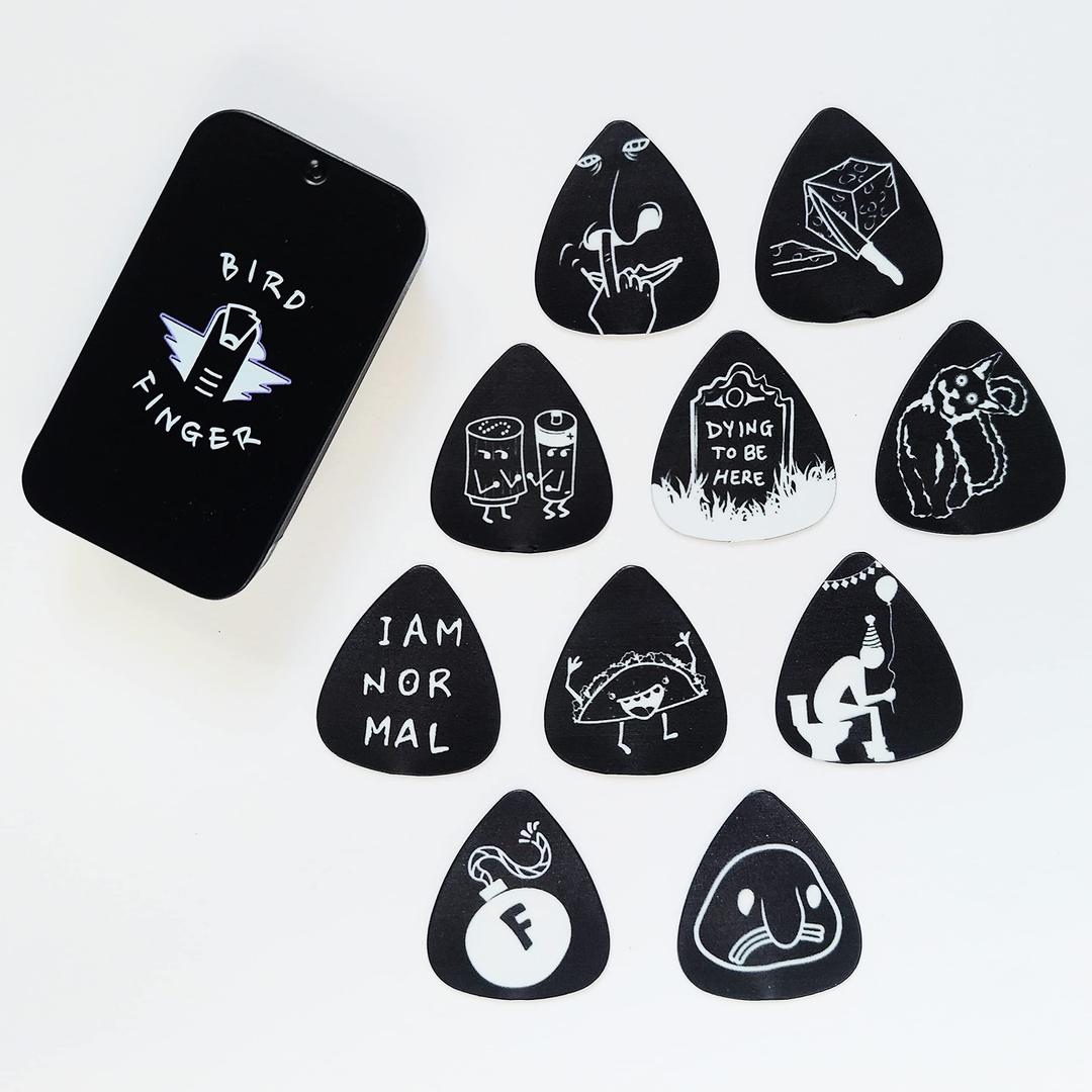 Funny Guitar Picks Novelty Gift Set - 10 Guitar Picks Gift Set (Medium Thickness 0.71mm) with Metal Carrying Case Pick Holder - for Electric Guitars Acoustic Guitars and Bass