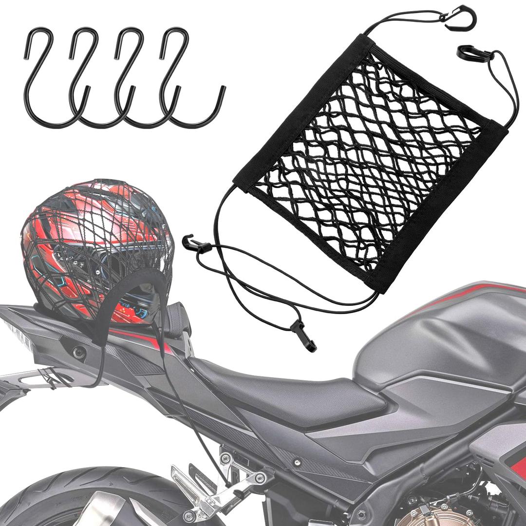 Upgrade Cargo Net for Motorcycle Helmet Storage, 10"X11" High-Elastic Double Layer Bungee Net with 4 Strong Hooks, Luggage Strap Rack Expansion Organizer Net Pocket for Motorbike Trike Cycle