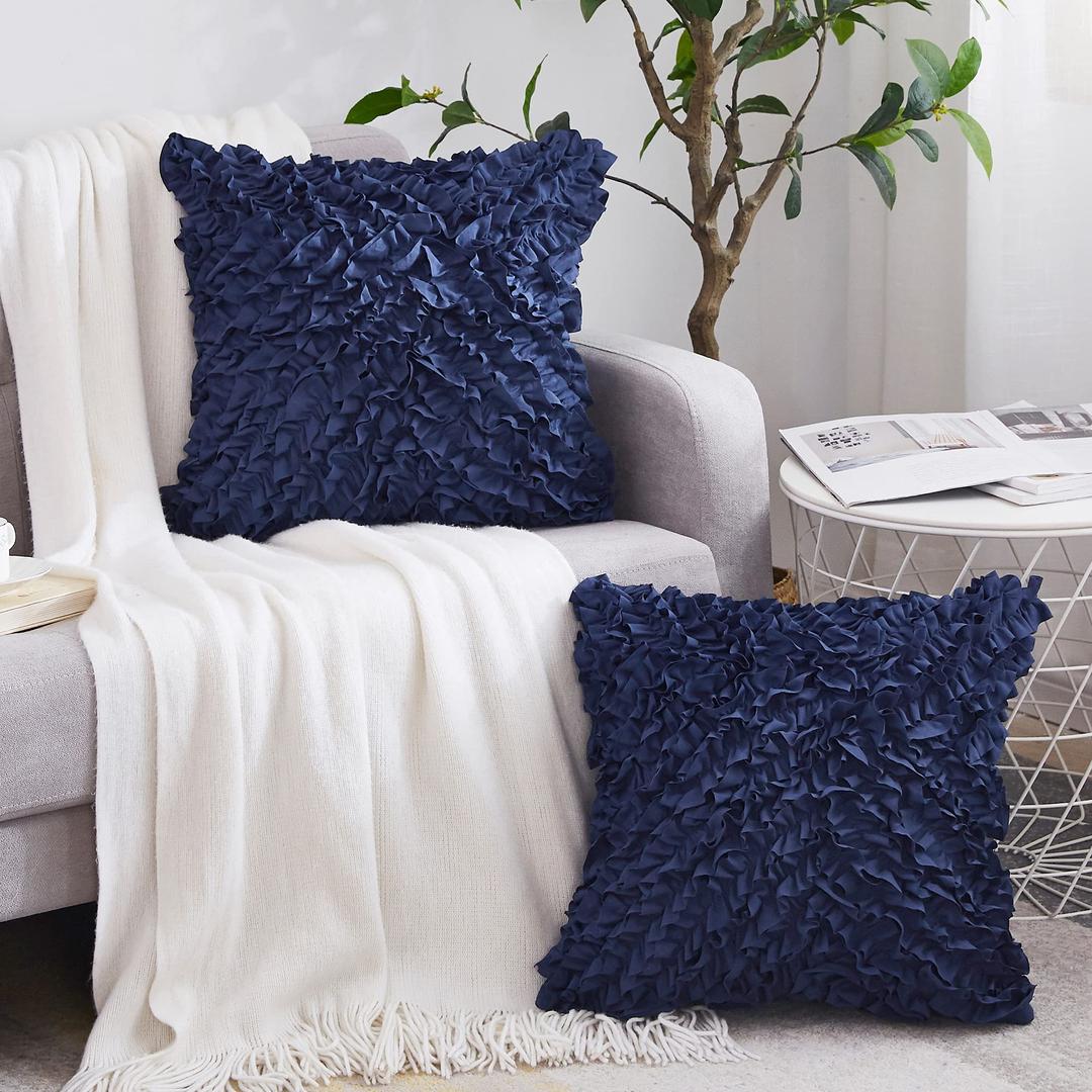 Oubonun 18 x 18 Decorative Throw Pillow Covers Boho Set of 2 - Farmhouse Floral Pillow Covers - Polyester Pillowcase with Zipper - Romantic Fluffy Soft Pillow Covers for Couch Sofa Bed(Blue)