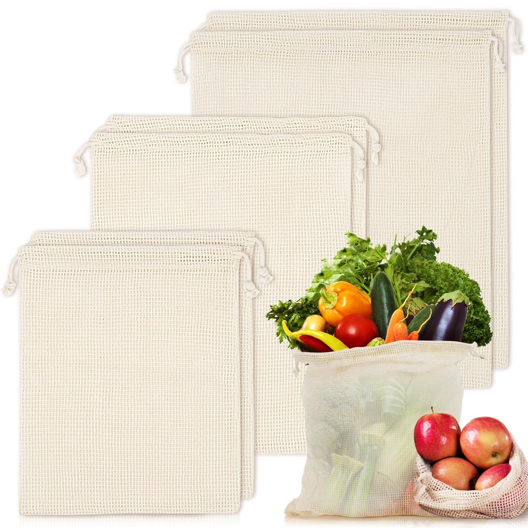 6 Pack Reusable Produce Bags Cotton Mesh Produce Bags Mesh Storage Produce Bags Reusable Durable Double Stitched With Drawstring Produce Bag For Vegetables,Fruit & Grocery Shopping (2L,2M,2S)