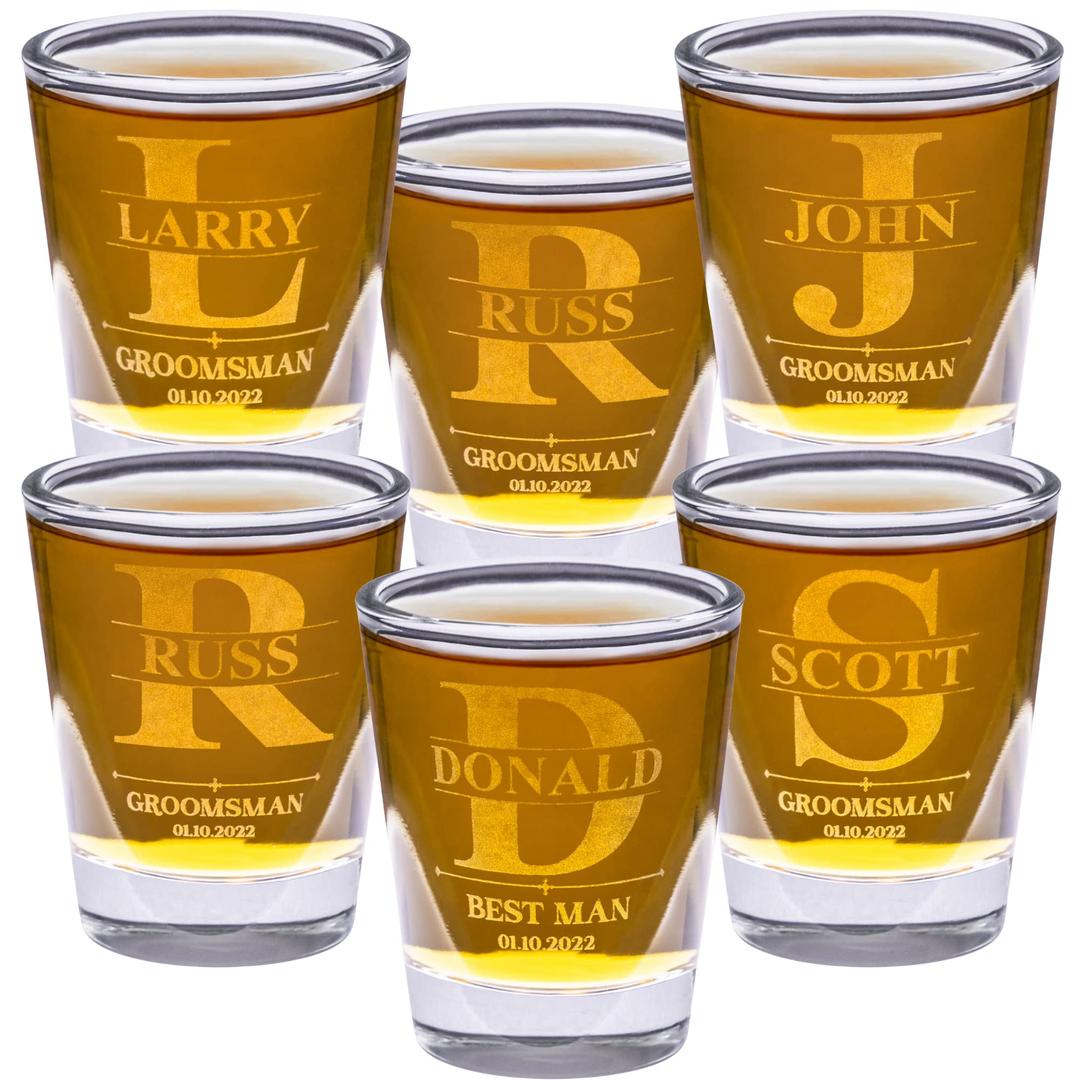 Personalized Shot Glasses Set of 6 – Groomsmen Glasses Drinking Set – Custom Drinking Glasses – Engraved Shot Glass Gifts for Men, Wedding, Best Man, Anniversary