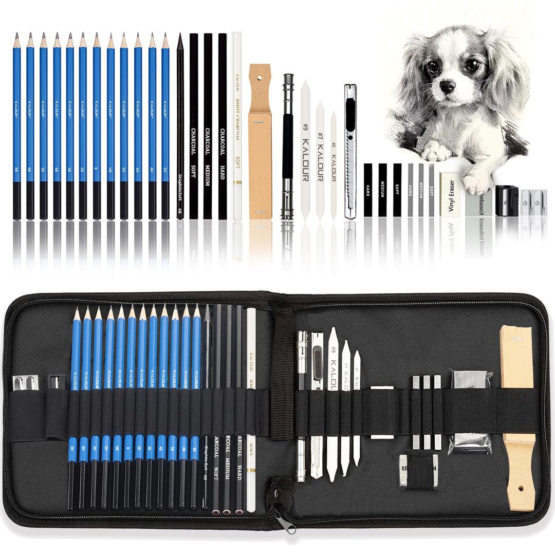 KALOUR 33 Pieces Pro Drawing Kit Sketching Pencils Set,Portable Zippered Travel Case-Charcoal Pencils, Sketch Pencils, Charcoal Stick,Sharpener,Eraser.Art Supplies for Artists Beginner Adults Teens