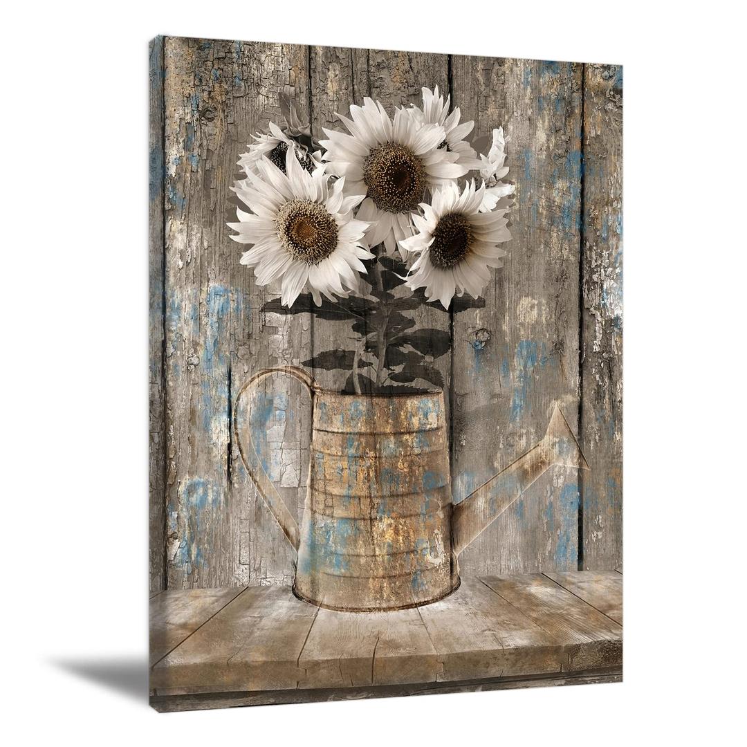 Rustic Farmhouse Sunflowers Wall Art Flowers Wall Art White Rustic Floral Poster Country Sunflower Pictures Wood Board Artwork for Living Room Bedroom Decor 16X24 inch Frameless