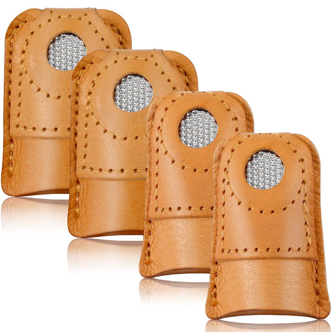 WILLBOND 4 Pieces Leather Thimble Hand Sewing Thimble Finger Protector Thimble Finger Pads for Knitting Sewing Quilting Pin Needles Craft Accessories DIY Sewing Tools, 2 Sizes