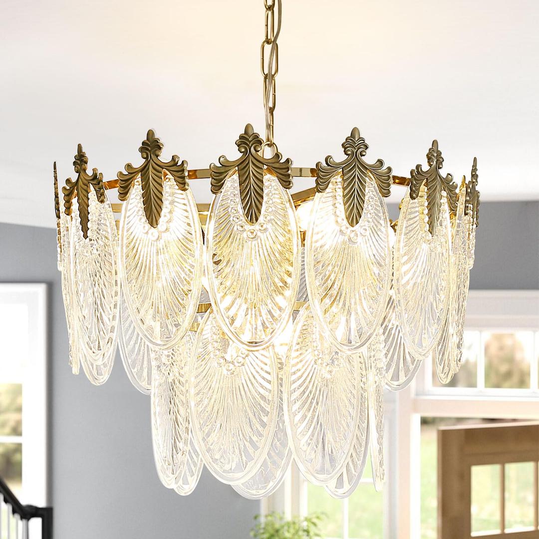 Depuley 17'' Gold Crystal Chandelier, 6 Light Modern Round Chandeliers, 2 Tiers Crystal Pendant Lighting Fixtures for Bedroom, Dining Room, Living Room, Adjustable Height, 3000K E14 Bulbs Included