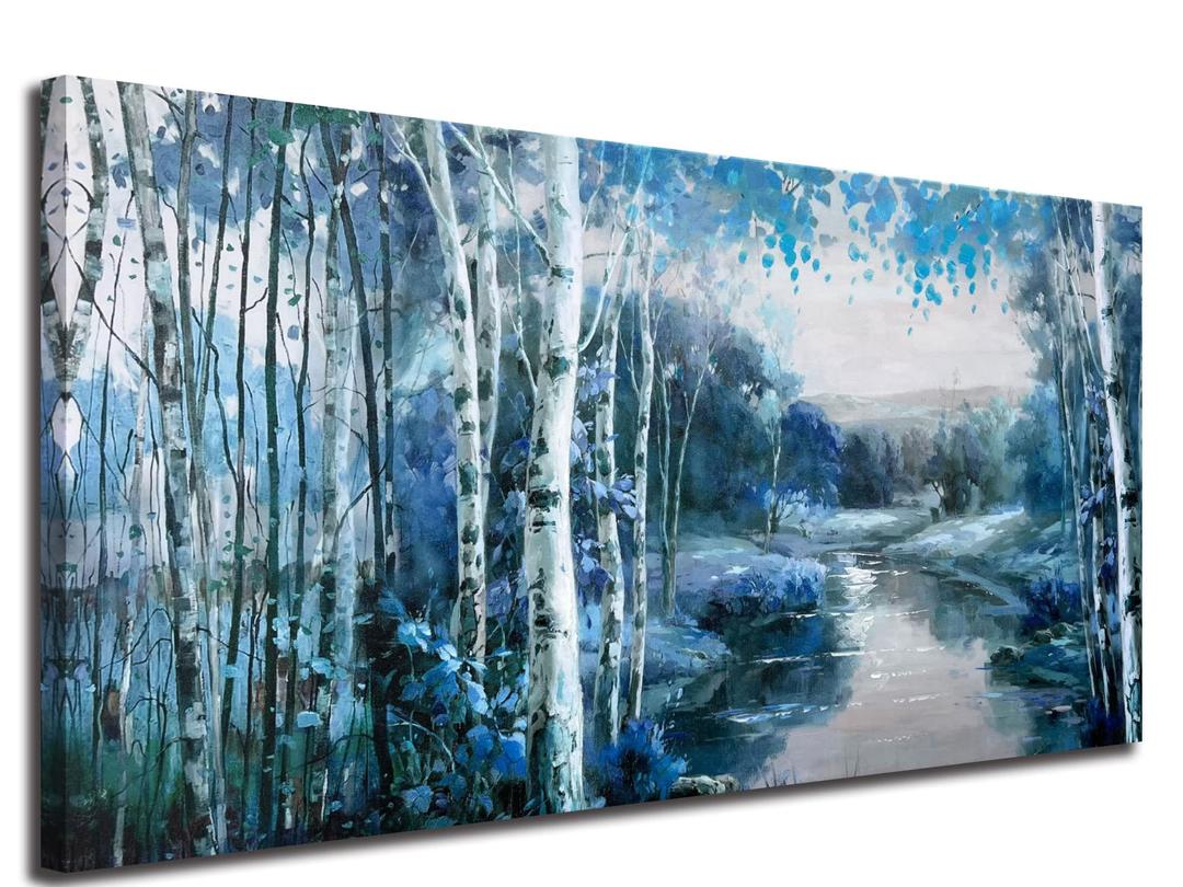 Arjun Birch Tree Wall Art Canvas Blue Landscape Nature Forest Painting Teal Mountain River Picture, Extra Large 60"x30" Artwork Textured Framed for Living Room Bedroom Home Office Wall Décor