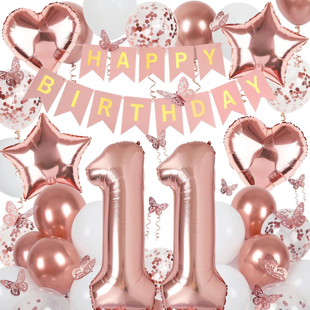 Rose Gold 11th Birthday Decorations for Girl, 11 Year Old Birthday Sign with Happy Birthday Banner, 40In Number 11 Foil Birthday Balloons, Butterfly Decorations, Heart and Star Balloons