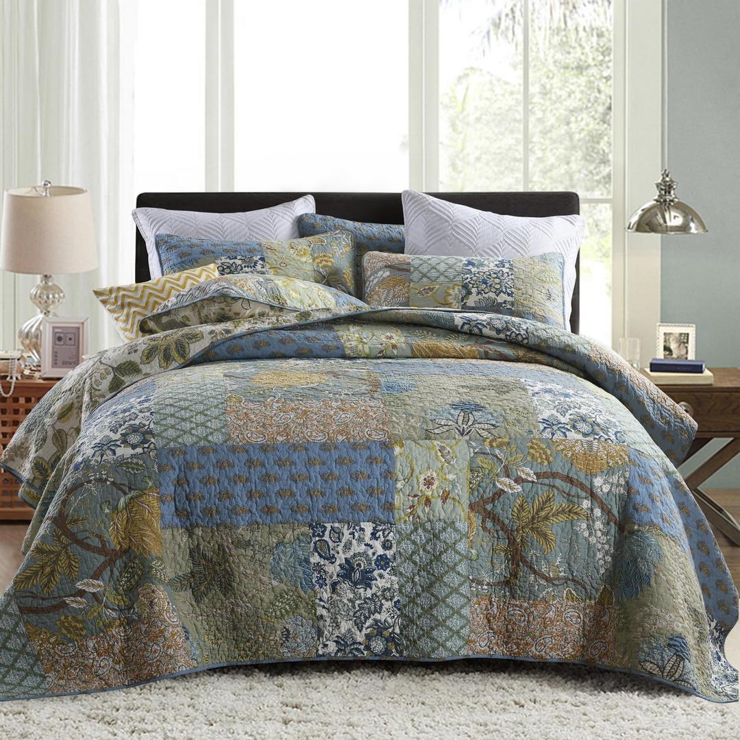 Secgo Queen Comforter Set for Bed - 100% Cotton Quilts Queen Size, Green, Sage Bedspreads (90 * 98 Inch) with 2 Pillow Shams, Patchwork Reversible Lightweight Bedding