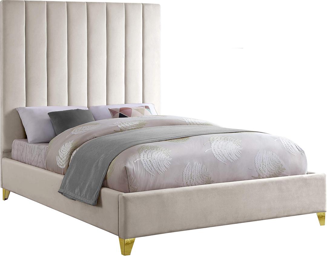 Meridian FurnitureViaCream-K Via Collection Modern | Contemporary Velvet Upholstered King Bed, Rich Cream , Deep Channel Tufting, Gold and Chrome Legs, 81.5" W x 86" D x 70.5" H, Cream